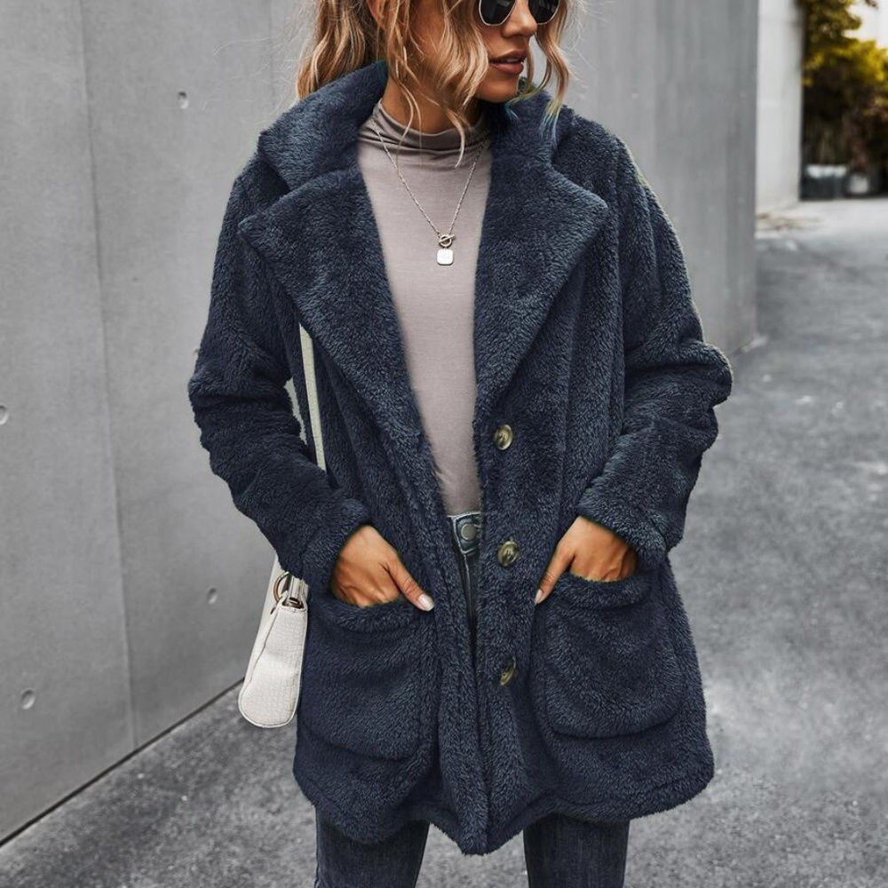 black comfy button pocket teddy trench jacket - Picture 2 of 11